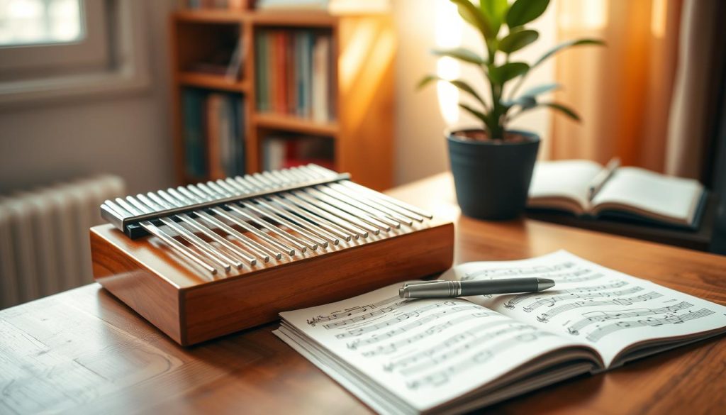 A picturesque arrangement showcasing a beginner-friendly kalimba, gently resting on a wooden table. In the foreground, the kalimba is made of a warm-colored wood with shiny, well-crafted metal tines, reflecting natural light. Taking up the middle ground, an open notebook with music notes and a pen lies beside the kalimba, symbolizing the journey of learning. In the background, a soft-focus shelf filled with various music books and a calming indoor plant adds depth to the scene. The atmosphere is warm and inviting, with soft, natural lighting flowing in from a window, creating a serene ambiance that inspires creativity and music exploration. The angle is slightly above the kalimba, highlighting its details while inviting viewers into the scene. A picturesque arrangement showcasing a beginner-friendly kalimba, gently resting on a wooden table. In the foreground, the kalimba is made of a warm-colored wood with shiny, well-crafted metal tines, reflecting natural light. Taking up the middle ground, an open notebook with music notes and a pen lies beside the kalimba, symbolizing the journey of learning. In the background, a soft-focus shelf filled with various music books and a calming indoor plant adds depth to the scene. The atmosphere is warm and inviting, with soft, natural lighting flowing in from a window, creating a serene ambiance that inspires creativity and music exploration. The angle is slightly above the kalimba, highlighting its details while inviting viewers into the scene.