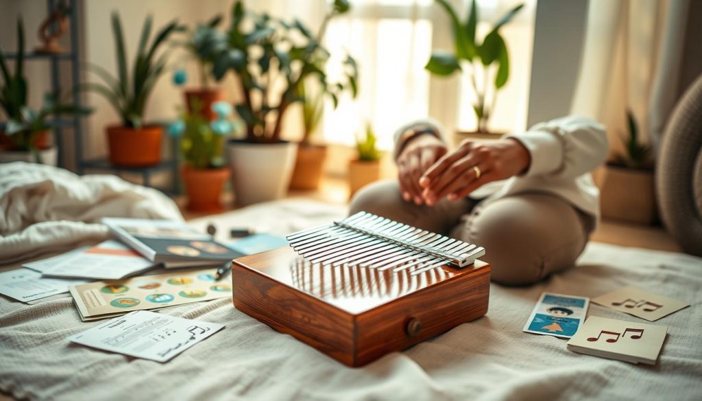 A serene and inviting setting showcasing a kalimba surrounded by beginner-friendly accessories. In the foreground, a polished wooden kalimba sits gracefully on a soft, textured fabric. Scattered around it are beginner's guides and colorful stickers for personalizing the instrument. In the middle ground, a pair of hands gently plays the kalimba, showcasing proper hand positioning, adorned in casual but neat attire. The background features soft, natural light filtering through a nearby window, illuminating a cozy room filled with potted plants and a few musical notes. The atmosphere is warm and encouraging, evoking a sense of discovery and creativity. The composition utilizes a shallow depth of field to keep the focus on the kalimba and the hands, creating an engaging and educational ambiance. A serene and inviting setting showcasing a kalimba surrounded by beginner-friendly accessories. In the foreground, a polished wooden kalimba sits gracefully on a soft, textured fabric. Scattered around it are beginner's guides and colorful stickers for personalizing the instrument. In the middle ground, a pair of hands gently plays the kalimba, showcasing proper hand positioning, adorned in casual but neat attire. The background features soft, natural light filtering through a nearby window, illuminating a cozy room filled with potted plants and a few musical notes. The atmosphere is warm and encouraging, evoking a sense of discovery and creativity. The composition utilizes a shallow depth of field to keep the focus on the kalimba and the hands, creating an engaging and educational ambiance.