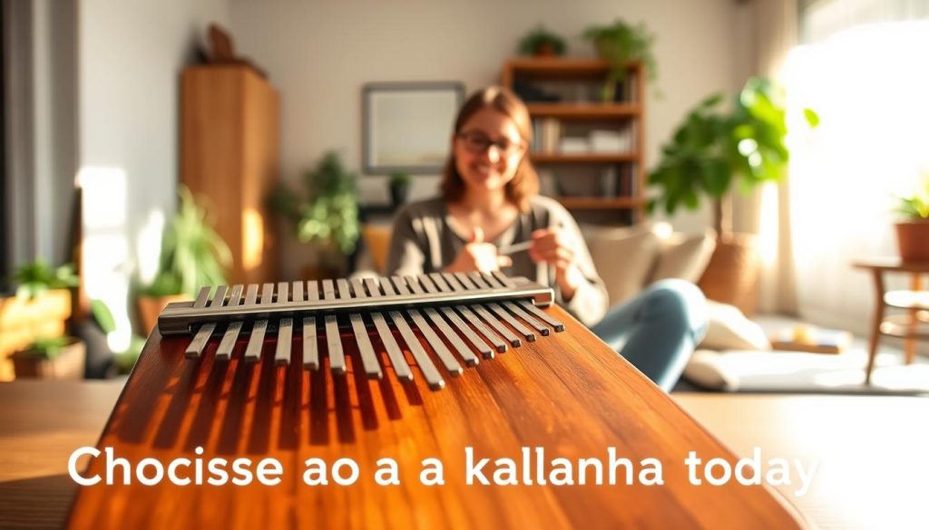 A serene indoor scene showcasing a wooden kalimba prominently in the foreground, with warm, soft lighting illuminating its rich natural grain and polished surface. In the middle ground, a person in modest casual clothing gently plays the kalimba, their expression one of joy and focus. Behind them, a cozy, inviting living room with plants and bookshelves creates a comfortable atmosphere. Sunlight filters through a nearby window, casting gentle shadows that enhance the soothing mood. The image captures a harmonious blend of artistry and relaxation, embodying the essence of choosing a kalimba today, highlighting its appeal as a modern instrument for personal enjoyment and creativity. A serene indoor scene showcasing a wooden kalimba prominently in the foreground, with warm, soft lighting illuminating its rich natural grain and polished surface. In the middle ground, a person in modest casual clothing gently plays the kalimba, their expression one of joy and focus. Behind them, a cozy, inviting living room with plants and bookshelves creates a comfortable atmosphere. Sunlight filters through a nearby window, casting gentle shadows that enhance the soothing mood. The image captures a harmonious blend of artistry and relaxation, embodying the essence of choosing a kalimba today, highlighting its appeal as a modern instrument for personal enjoyment and creativity.