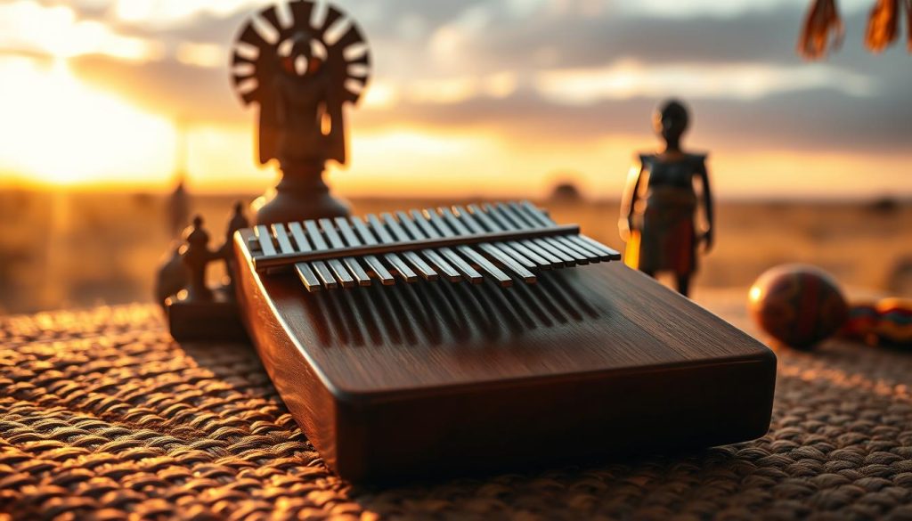 A traditional kalimba resting on a richly textured woven mat, its wooden body gleaming in soft, natural light that highlights the intricate details of the instrument. In the foreground, the kalimba's tines are delicately arranged, casting gentle shadows. The middle ground features culturally significant artifacts, such as hand-carved figurines and vibrant African textiles that evoke the heritage of the instrument. In the background, there is a blurred landscape of an African savanna at sunset, with warm orange and gold hues blending into a dusky blue sky. The atmosphere is serene and reflective, inviting viewers to ponder the rich history and cultural significance of the kalimba as an ancestral musical tool. Shot with a shallow depth of field to keep the focus on the kalimba. A traditional kalimba resting on a richly textured woven mat, its wooden body gleaming in soft, natural light that highlights the intricate details of the instrument. In the foreground, the kalimba's tines are delicately arranged, casting gentle shadows. The middle ground features culturally significant artifacts, such as hand-carved figurines and vibrant African textiles that evoke the heritage of the instrument. In the background, there is a blurred landscape of an African savanna at sunset, with warm orange and gold hues blending into a dusky blue sky. The atmosphere is serene and reflective, inviting viewers to ponder the rich history and cultural significance of the kalimba as an ancestral musical tool. Shot with a shallow depth of field to keep the focus on the kalimba.