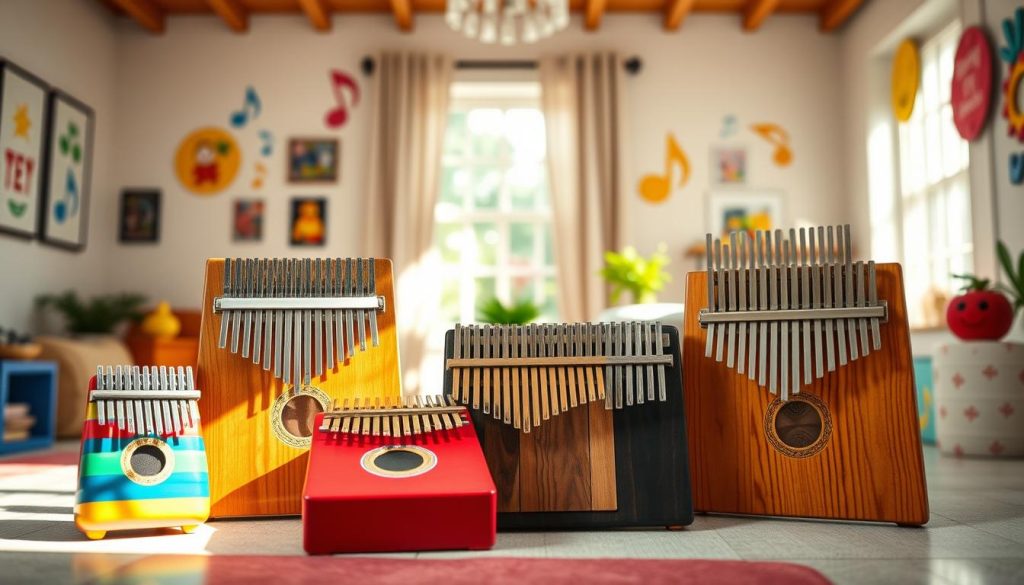 A vibrant and inviting scene showcasing a variety of kalimbas designed for different age groups and skill levels. In the foreground, display a selection of kalimbas: a small, colorful one suitable for young beginners, a medium-sized wooden kalimba ideal for teens, and a larger, beautifully crafted one for adults with expert skill. In the middle ground, include a bright, cozy room with natural light streaming in through a window, enhancing the warm atmosphere. The background features cheerful decorations reflecting musical notes and playful designs suitable for children. The composition is shot from a slightly elevated angle, emphasizing the diversity in sizes and designs. Create a mood of joy and encouragement, inspiring players of all ages to choose their perfect kalimba. A vibrant and inviting scene showcasing a variety of kalimbas designed for different age groups and skill levels. In the foreground, display a selection of kalimbas: a small, colorful one suitable for young beginners, a medium-sized wooden kalimba ideal for teens, and a larger, beautifully crafted one for adults with expert skill. In the middle ground, include a bright, cozy room with natural light streaming in through a window, enhancing the warm atmosphere. The background features cheerful decorations reflecting musical notes and playful designs suitable for children. The composition is shot from a slightly elevated angle, emphasizing the diversity in sizes and designs. Create a mood of joy and encouragement, inspiring players of all ages to choose their perfect kalimba.