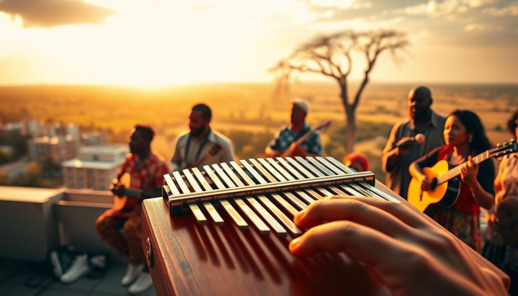 A vibrant tableau showcasing the global impact of the kalimba on modern music, focusing on a diverse group of musicians playing various styles. In the foreground, a close-up of a kalimba held by a skilled musician, their hands gracefully plucking the tines. In the middle, a diverse ensemble of musicians from different cultures—African, Asian, and Western—collaboratively playing instruments alongside the kalimba, creating a rich soundscape. In the background, an urban landscape fades into a scenic view of the African savannah, symbolizing the kalimba's origins. Soft, warm lighting casts a golden hue over the scene, creating an inviting and harmonious atmosphere that reflects the essence of global musical fusion. The angle is slightly elevated, giving a panoramic view of the collaborative spirit in music. A vibrant tableau showcasing the global impact of the kalimba on modern music, focusing on a diverse group of musicians playing various styles. In the foreground, a close-up of a kalimba held by a skilled musician, their hands gracefully plucking the tines. In the middle, a diverse ensemble of musicians from different cultures—African, Asian, and Western—collaboratively playing instruments alongside the kalimba, creating a rich soundscape. In the background, an urban landscape fades into a scenic view of the African savannah, symbolizing the kalimba's origins. Soft, warm lighting casts a golden hue over the scene, creating an inviting and harmonious atmosphere that reflects the essence of global musical fusion. The angle is slightly elevated, giving a panoramic view of the collaborative spirit in music.