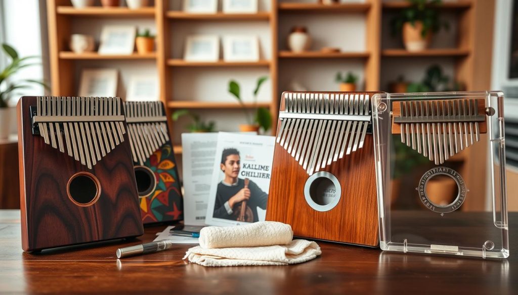 A visually appealing display of various recommended kalimba brands and models, arranged artistically on a wooden surface. In the foreground, showcase three distinct kalimbas: one made from dark, polished wood with a rich grain, another featuring a colorful, artistic design, and the third, a clear acrylic model that highlights its inner mechanics. In the middle ground, include a few accessory items like instruction books, a tuning tool, and a soft cloth for cleaning. The background features a soft-focus music room ambiance, with shelves containing music sheets and a subtle hint of plants for a warm atmosphere. Use soft, natural lighting to create an inviting and harmonious mood, with a shallow depth of field to emphasize the kalimbas. A visually appealing display of various recommended kalimba brands and models, arranged artistically on a wooden surface. In the foreground, showcase three distinct kalimbas: one made from dark, polished wood with a rich grain, another featuring a colorful, artistic design, and the third, a clear acrylic model that highlights its inner mechanics. In the middle ground, include a few accessory items like instruction books, a tuning tool, and a soft cloth for cleaning. The background features a soft-focus music room ambiance, with shelves containing music sheets and a subtle hint of plants for a warm atmosphere. Use soft, natural lighting to create an inviting and harmonious mood, with a shallow depth of field to emphasize the kalimbas.