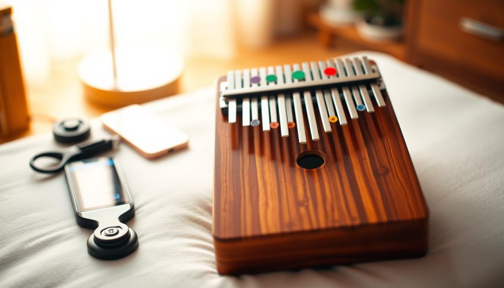 A beautifully arranged kalimba with 17 tines, meticulously tuned and adorned with colorful stickers showing correct note placements, sits prominently on a soft, wooden surface. In the foreground, gentle light highlights the polished wood of the kalimba, showcasing its exquisite craftsmanship and the vibrant colors of the stickers. The middle ground features a well-organized workspace with tuning tools like a tuner and a tuner app displayed on a smartphone, subtly blurred to keep focus on the kalimba. The background is softly illuminated, with a warm, inviting atmosphere that encourages creativity and preparation for music. The scene captures a moment of readiness, evoking a sense of calm and focus in the art of tuning the kalimba. A beautifully arranged kalimba with 17 tines, meticulously tuned and adorned with colorful stickers showing correct note placements, sits prominently on a soft, wooden surface. In the foreground, gentle light highlights the polished wood of the kalimba, showcasing its exquisite craftsmanship and the vibrant colors of the stickers. The middle ground features a well-organized workspace with tuning tools like a tuner and a tuner app displayed on a smartphone, subtly blurred to keep focus on the kalimba. The background is softly illuminated, with a warm, inviting atmosphere that encourages creativity and preparation for music. The scene captures a moment of readiness, evoking a sense of calm and focus in the art of tuning the kalimba.