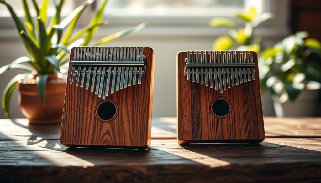 A beautifully arranged scene showcasing two kalimbas: one with 17 tines and another with 21 tines. The kalimbas are placed on a rustic wooden table, allowing a close-up view of their intricate wooden grain and metal tines. In the foreground, sunlight gently illuminates the instruments, casting warm highlights. A subtle bokeh effect in the background features blurred plants and soft natural light, creating an inviting atmosphere. The kalimba with 17 tines, smaller and more compact, contrasts with the larger, more elaborate 21-tine kalimba. The mood is serene and contemplative, perfect for a discussion on musical choices. There are no people present, allowing the focus to remain entirely on the kalimbas. A beautifully arranged scene showcasing two kalimbas: one with 17 tines and another with 21 tines. The kalimbas are placed on a rustic wooden table, allowing a close-up view of their intricate wooden grain and metal tines. In the foreground, sunlight gently illuminates the instruments, casting warm highlights. A subtle bokeh effect in the background features blurred plants and soft natural light, creating an inviting atmosphere. The kalimba with 17 tines, smaller and more compact, contrasts with the larger, more elaborate 21-tine kalimba. The mood is serene and contemplative, perfect for a discussion on musical choices. There are no people present, allowing the focus to remain entirely on the kalimbas.