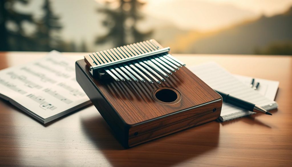 A beautifully crafted 17-key kalimba is the focal point, displayed prominently in the foreground on a polished wooden surface. The kalimba shines under soft, warm lighting that highlights the rich wood grain and the metallic tines. Surrounding the instrument are subtle visual elements, such as sheet music and a notebook with handwritten notes, suggesting the advantages of the kalimba, like portability and ease of learning. In the background, blurred silhouettes of a serene nature scene, perhaps a tranquil forest or gentle hills, evoke a calming atmosphere that complements the mood of playing music. The image captures a sense of creativity and reflection, emphasizing both the enjoyment and contemplation that comes with using the 17-key kalimba. A beautifully crafted 17-key kalimba is the focal point, displayed prominently in the foreground on a polished wooden surface. The kalimba shines under soft, warm lighting that highlights the rich wood grain and the metallic tines. Surrounding the instrument are subtle visual elements, such as sheet music and a notebook with handwritten notes, suggesting the advantages of the kalimba, like portability and ease of learning. In the background, blurred silhouettes of a serene nature scene, perhaps a tranquil forest or gentle hills, evoke a calming atmosphere that complements the mood of playing music. The image captures a sense of creativity and reflection, emphasizing both the enjoyment and contemplation that comes with using the 17-key kalimba.