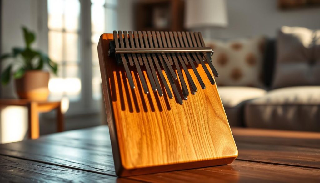 A beautifully crafted 7-note kalimba, featuring polished wooden body and gracefully arranged metal tines, sits atop a rustic wooden table. Soft, warm ambient light filters through a nearby window, creating delicate shadows that enhance the instrument's natural grain and shine. The kalimba's tines are positioned at varying lengths, inviting a sense of harmony and simplicity, reflecting its portability and ease of use. In the background, a cozy living space is suggested with blurred elements like a potted plant and a soft couch, evoking a serene atmosphere. The angle of the shot focuses closely on the kalimba, allowing for intricate details to emerge, while maintaining a calm and inviting vibe, perfect for showcasing the charm of this musical instrument. A beautifully crafted 7-note kalimba, featuring polished wooden body and gracefully arranged metal tines, sits atop a rustic wooden table. Soft, warm ambient light filters through a nearby window, creating delicate shadows that enhance the instrument's natural grain and shine. The kalimba's tines are positioned at varying lengths, inviting a sense of harmony and simplicity, reflecting its portability and ease of use. In the background, a cozy living space is suggested with blurred elements like a potted plant and a soft couch, evoking a serene atmosphere. The angle of the shot focuses closely on the kalimba, allowing for intricate details to emerge, while maintaining a calm and inviting vibe, perfect for showcasing the charm of this musical instrument.