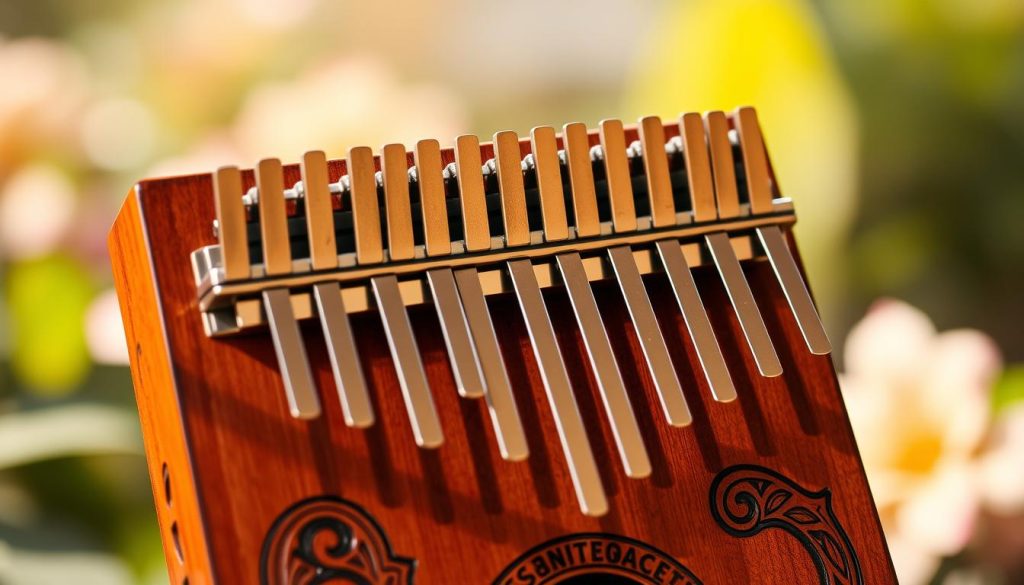 A beautifully crafted kalimba instrument with 7, 8, and 10 metal tines arranged in a fan-like display, showcasing the varying lengths and sizes of the tines. The kalimba is made of polished wood with intricate carvings on its body, reflecting a warm, inviting brown hue. The background features a soft, blurred natural setting, perhaps a subtle garden scene that enhances the musical atmosphere. The lighting is soft and warm, casting gentle shadows that highlight the curves and grains of the wood. The image should be taken from a slightly elevated angle, allowing a clear view of the tines and inviting the viewer to connect with the serene tone of the instrument. The overall mood is calming and inspiring, evoking a sense of tranquility. A beautifully crafted kalimba instrument with 7, 8, and 10 metal tines arranged in a fan-like display, showcasing the varying lengths and sizes of the tines. The kalimba is made of polished wood with intricate carvings on its body, reflecting a warm, inviting brown hue. The background features a soft, blurred natural setting, perhaps a subtle garden scene that enhances the musical atmosphere. The lighting is soft and warm, casting gentle shadows that highlight the curves and grains of the wood. The image should be taken from a slightly elevated angle, allowing a clear view of the tines and inviting the viewer to connect with the serene tone of the instrument. The overall mood is calming and inspiring, evoking a sense of tranquility.
