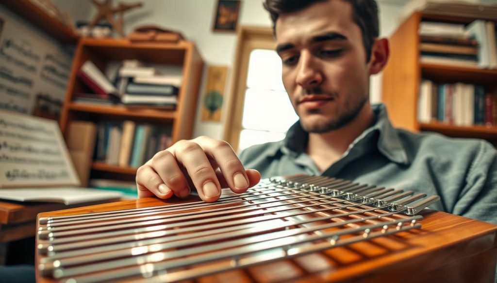 A close-up view of a skilled musician playing a kalimba, showcasing advanced techniques. The focus is on the musician's fingers deftly plucking the metal tines, with intricate details of the instrument's wood grain and metal notes highlighted in bright, warm lighting. In the background, soft blurred tones of a cozy, well-lit room filled with musical notes and books on music theory enhance the atmosphere of dedication and creativity. The musician, dressed in casual yet professional attire, displays a concentrated expression, embodying the passion for mastering the kalimba. The angle captures both the instrument and the musician's hands in action, creating an inviting and inspiring mood for the viewer. A close-up view of a skilled musician playing a kalimba, showcasing advanced techniques. The focus is on the musician's fingers deftly plucking the metal tines, with intricate details of the instrument's wood grain and metal notes highlighted in bright, warm lighting. In the background, soft blurred tones of a cozy, well-lit room filled with musical notes and books on music theory enhance the atmosphere of dedication and creativity. The musician, dressed in casual yet professional attire, displays a concentrated expression, embodying the passion for mastering the kalimba. The angle captures both the instrument and the musician's hands in action, creating an inviting and inspiring mood for the viewer.