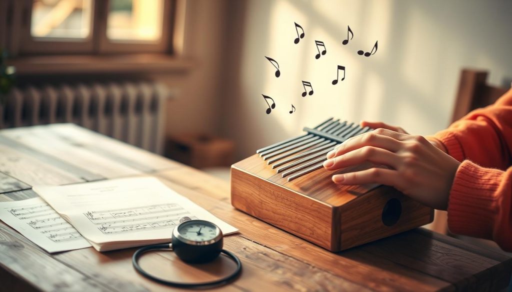 A serene, cozy indoor setting showcasing a wooden kalimba resting on a rustic table, surrounded by sheet music and a metronome to symbolize practice and progress. In the background, gentle natural light filters through a window, casting warm, inviting shadows. A hands-on approach is depicted with a pair of modestly dressed hands playing the kalimba, portraying a focused and relaxed expression of joy in learning. Wisps of musical notes float from the instrument, suggesting creativity and improvement in musical skills. The atmosphere is warm and encouraging, emphasizing the journey of learning and growth in mastering the kalimba. The composition is clean and clear, with a soft depth of field to highlight the kalimba as the focal point. A serene, cozy indoor setting showcasing a wooden kalimba resting on a rustic table, surrounded by sheet music and a metronome to symbolize practice and progress. In the background, gentle natural light filters through a window, casting warm, inviting shadows. A hands-on approach is depicted with a pair of modestly dressed hands playing the kalimba, portraying a focused and relaxed expression of joy in learning. Wisps of musical notes float from the instrument, suggesting creativity and improvement in musical skills. The atmosphere is warm and encouraging, emphasizing the journey of learning and growth in mastering the kalimba. The composition is clean and clear, with a soft depth of field to highlight the kalimba as the focal point.