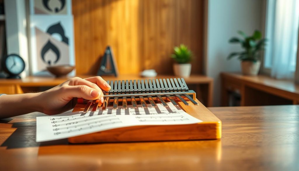 A serene indoor scene showcasing a close-up of a kalimba with 17 metal tines, beautifully arranged on a wooden table. In the foreground, a pair of hands skillfully plucking the tines, demonstrating basic techniques, while sheet music with simple notes rests nearby. The middle layer features a warm wooden backdrop, emphasizing an inviting atmosphere for learning. Soft, diffused natural light filters in from a nearby window, creating a gentle glow that highlights the instrument's craftsmanship. The background includes subtle hints of music-related decor, such as a metronome and a small potted plant, all contributing to a cozy, encouraging environment for beginners. The overall mood is focused, peaceful, and inspirational, perfect for introducing foundational kalimba techniques. A serene indoor scene showcasing a close-up of a kalimba with 17 metal tines, beautifully arranged on a wooden table. In the foreground, a pair of hands skillfully plucking the tines, demonstrating basic techniques, while sheet music with simple notes rests nearby. The middle layer features a warm wooden backdrop, emphasizing an inviting atmosphere for learning. Soft, diffused natural light filters in from a nearby window, creating a gentle glow that highlights the instrument's craftsmanship. The background includes subtle hints of music-related decor, such as a metronome and a small potted plant, all contributing to a cozy, encouraging environment for beginners. The overall mood is focused, peaceful, and inspirational, perfect for introducing foundational kalimba techniques.