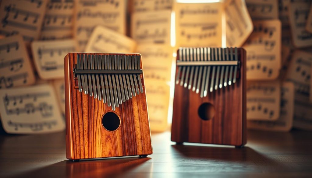 A serene indoor scene showcasing two kalimbas, one with 17 tines and another with 21 tines, beautifully crafted from polished wood. Place the 17-tine kalimba in the foreground, angled to reveal its resonant body, with natural light illuminating its shimmering tines. In the middle ground, position the 21-tine kalimba, emphasizing its slightly larger and wider shape. Surround the instruments with a soft, blurred background of wooden musical notes and sheet music, creating an intimate atmosphere. Use warm, inviting lighting to highlight the details of the kalimbas, accentuating the craftsmanship and the differences in design. The mood should be calm and reflective, evoking a sense of appreciation for the musical qualities and versatility of each kalimba. A serene indoor scene showcasing two kalimbas, one with 17 tines and another with 21 tines, beautifully crafted from polished wood. Place the 17-tine kalimba in the foreground, angled to reveal its resonant body, with natural light illuminating its shimmering tines. In the middle ground, position the 21-tine kalimba, emphasizing its slightly larger and wider shape. Surround the instruments with a soft, blurred background of wooden musical notes and sheet music, creating an intimate atmosphere. Use warm, inviting lighting to highlight the details of the kalimbas, accentuating the craftsmanship and the differences in design. The mood should be calm and reflective, evoking a sense of appreciation for the musical qualities and versatility of each kalimba.