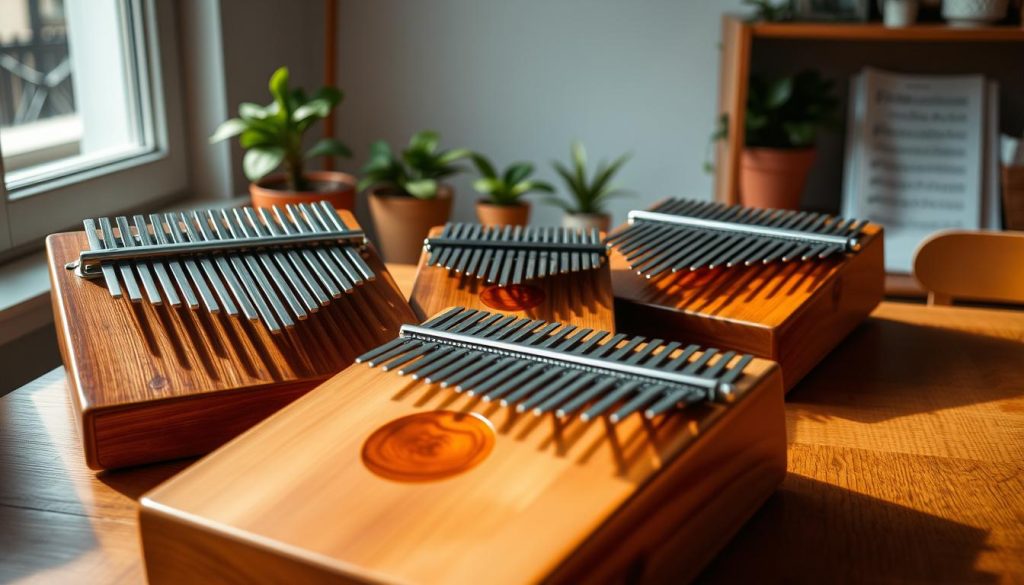 A serene workspace featuring three distinct kalimbas with varying numbers of tines—seven, eight, and ten—arranged artistically on a wooden table. The foreground showcases a tactile close-up of the kalimbas, highlighting their polished surfaces, tuning pegs, and unique designs. In the middle, soft natural light filters through a nearby window, casting gentle shadows and illuminating the instruments' intricate details. The background presents a minimalist aesthetic with potted plants and sheet music, emphasizing a calm and inviting atmosphere for musicians. The overall mood conveys a sense of exploration and harmony, inviting viewers to consider their own kalimba journey based on skill level and personal preference. The image should be warm and inviting, with a focus on texture and craftsmanship. A serene workspace featuring three distinct kalimbas with varying numbers of tines—seven, eight, and ten—arranged artistically on a wooden table. The foreground showcases a tactile close-up of the kalimbas, highlighting their polished surfaces, tuning pegs, and unique designs. In the middle, soft natural light filters through a nearby window, casting gentle shadows and illuminating the instruments' intricate details. The background presents a minimalist aesthetic with potted plants and sheet music, emphasizing a calm and inviting atmosphere for musicians. The overall mood conveys a sense of exploration and harmony, inviting viewers to consider their own kalimba journey based on skill level and personal preference. The image should be warm and inviting, with a focus on texture and craftsmanship.