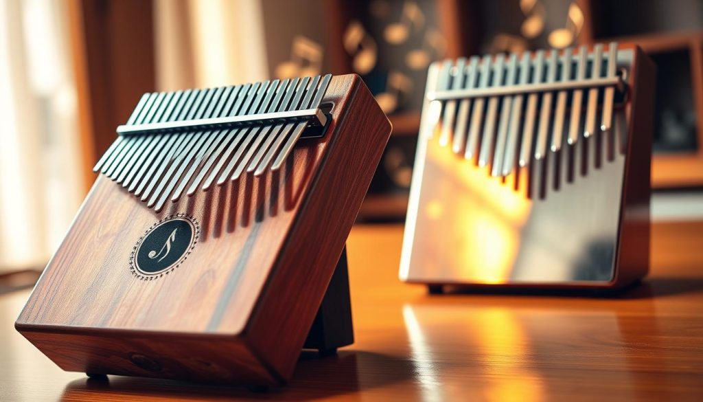 A vibrant, detailed scene contrasting two types of kalimbas: a diatonic kalimba on the left with wooden tones, intricately carved, showcasing its natural beauty, and a chromatic kalimba on the right with sleek metallic keys, reflecting light in varied hues. The foreground features the kalimbas on a polished wooden table, glimmering under warm, soft lighting. In the middle background, hints of musical notes gently cascade, creating an artistic flow around the kalimbas. The overall atmosphere is inviting and educational, evoking curiosity in music lovers. The image is captured with a slight tilt-angle to add dynamism, with a shallow depth of field that softly blurs the background, drawing focus to the instruments. A vibrant, detailed scene contrasting two types of kalimbas: a diatonic kalimba on the left with wooden tones, intricately carved, showcasing its natural beauty, and a chromatic kalimba on the right with sleek metallic keys, reflecting light in varied hues. The foreground features the kalimbas on a polished wooden table, glimmering under warm, soft lighting. In the middle background, hints of musical notes gently cascade, creating an artistic flow around the kalimbas. The overall atmosphere is inviting and educational, evoking curiosity in music lovers. The image is captured with a slight tilt-angle to add dynamism, with a shallow depth of field that softly blurs the background, drawing focus to the instruments.