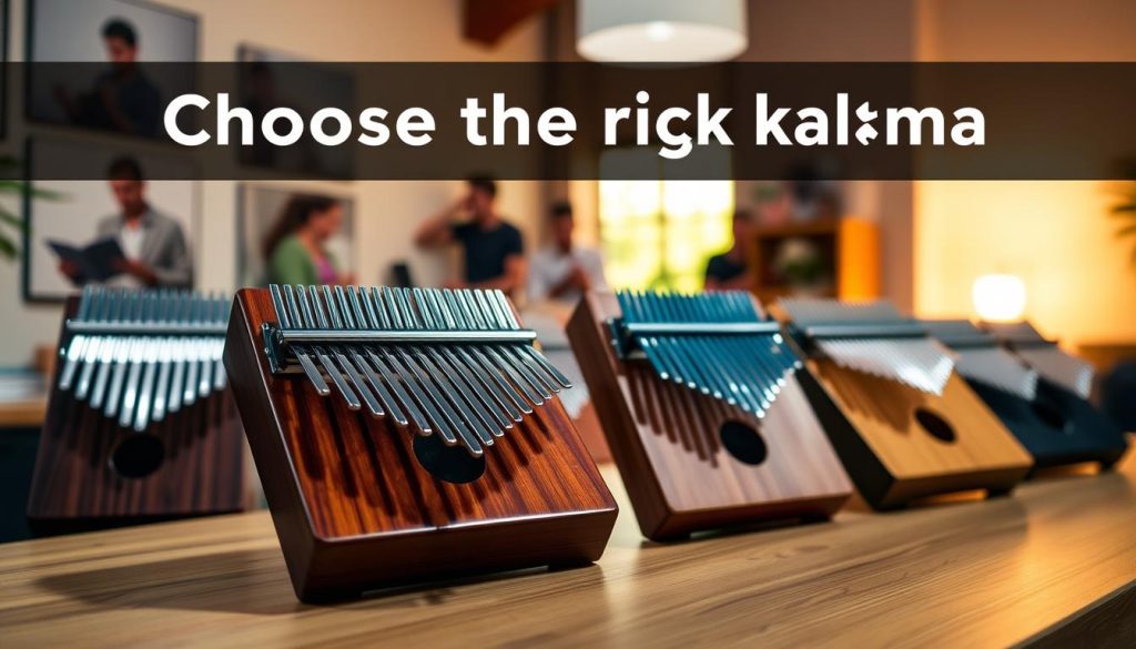 A well-lit and inviting workspace featuring a selection of kalimbas with varying numbers of tines (7, 8, and 10). In the foreground, a wooden kalimba is elegantly displayed, highlighting its polished surface and intricate tuning pegs. In the middle ground, additional kalimbas are arranged on a wooden table, showcasing their unique designs and colors, with soft-focus images of players in the background, demonstrating different playing techniques. The background features a warm, ambient light glowing from a window, creating a serene and inspirational atmosphere. The image captures the essence of choosing the right kalimba, emphasizing quality craftsmanship and versatility. The mood is informative and inviting, perfect for music enthusiasts exploring their options. A well-lit and inviting workspace featuring a selection of kalimbas with varying numbers of tines (7, 8, and 10). In the foreground, a wooden kalimba is elegantly displayed, highlighting its polished surface and intricate tuning pegs. In the middle ground, additional kalimbas are arranged on a wooden table, showcasing their unique designs and colors, with soft-focus images of players in the background, demonstrating different playing techniques. The background features a warm, ambient light glowing from a window, creating a serene and inspirational atmosphere. The image captures the essence of choosing the right kalimba, emphasizing quality craftsmanship and versatility. The mood is informative and inviting, perfect for music enthusiasts exploring their options.